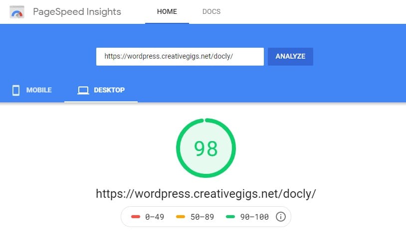 Google Page Speed test result