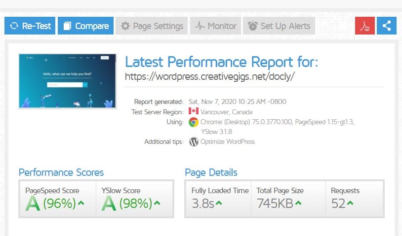 GTmetrix test result