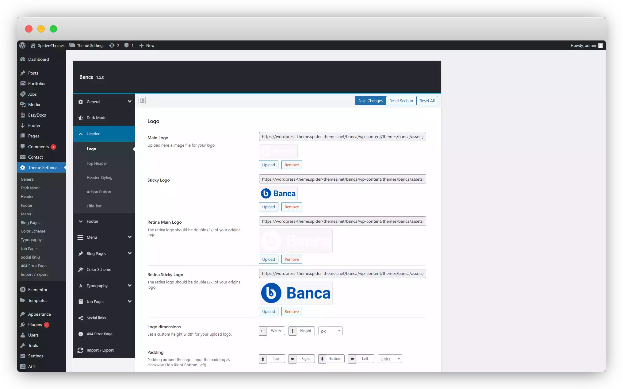 Banca banking theme settings 
