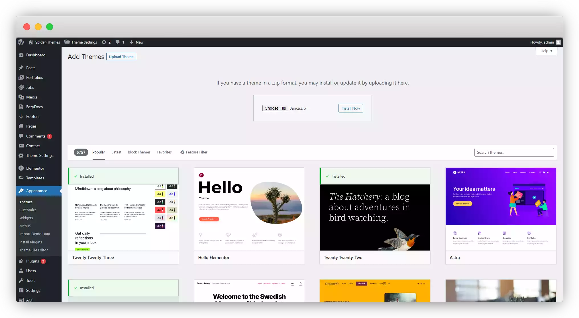 Banca WordPress Theme Install Activate