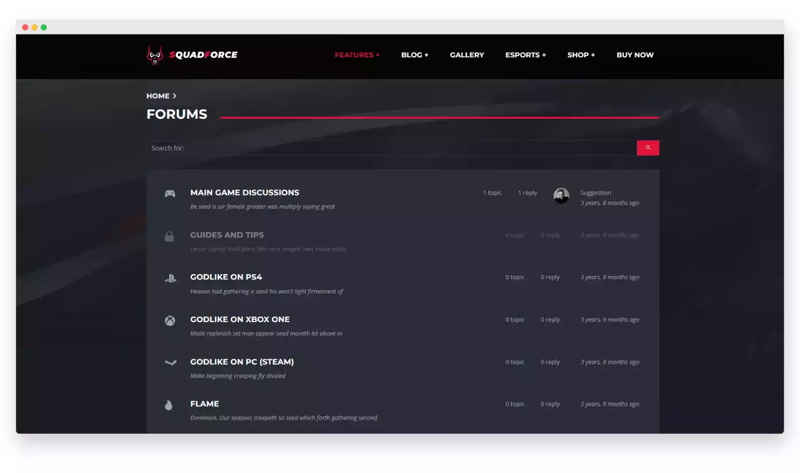 Forum Page SquadForce eSports Gaming WordPress Theme